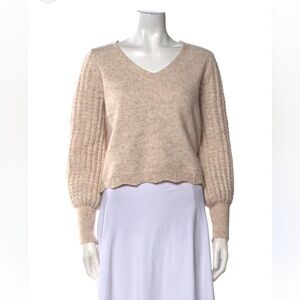 FRYE V-Neck Sweater Neutral Tan Beige Oatmeal Ribbed Knit Slouchy Balloon Sleeve